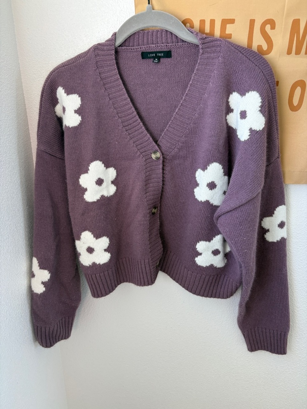 Love Tree Plum Floral Button V-Neck Cardigan